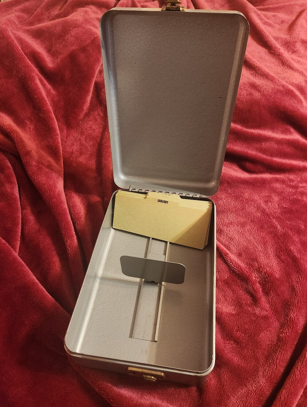 Vintage Silver Metal Index Card File Box with Dividers